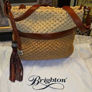 *NWOT* Brighton Tan & BROWN RAFFIA STRAW Shoulder Bag with Silver Hardware